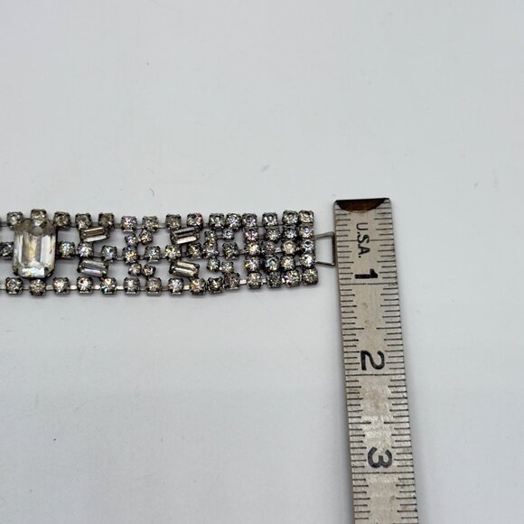 Vtg Clear Rhinestone Silver Tone Wide Bracelet Emerald Cut Center Stone Baguette - Picture 12 of 12